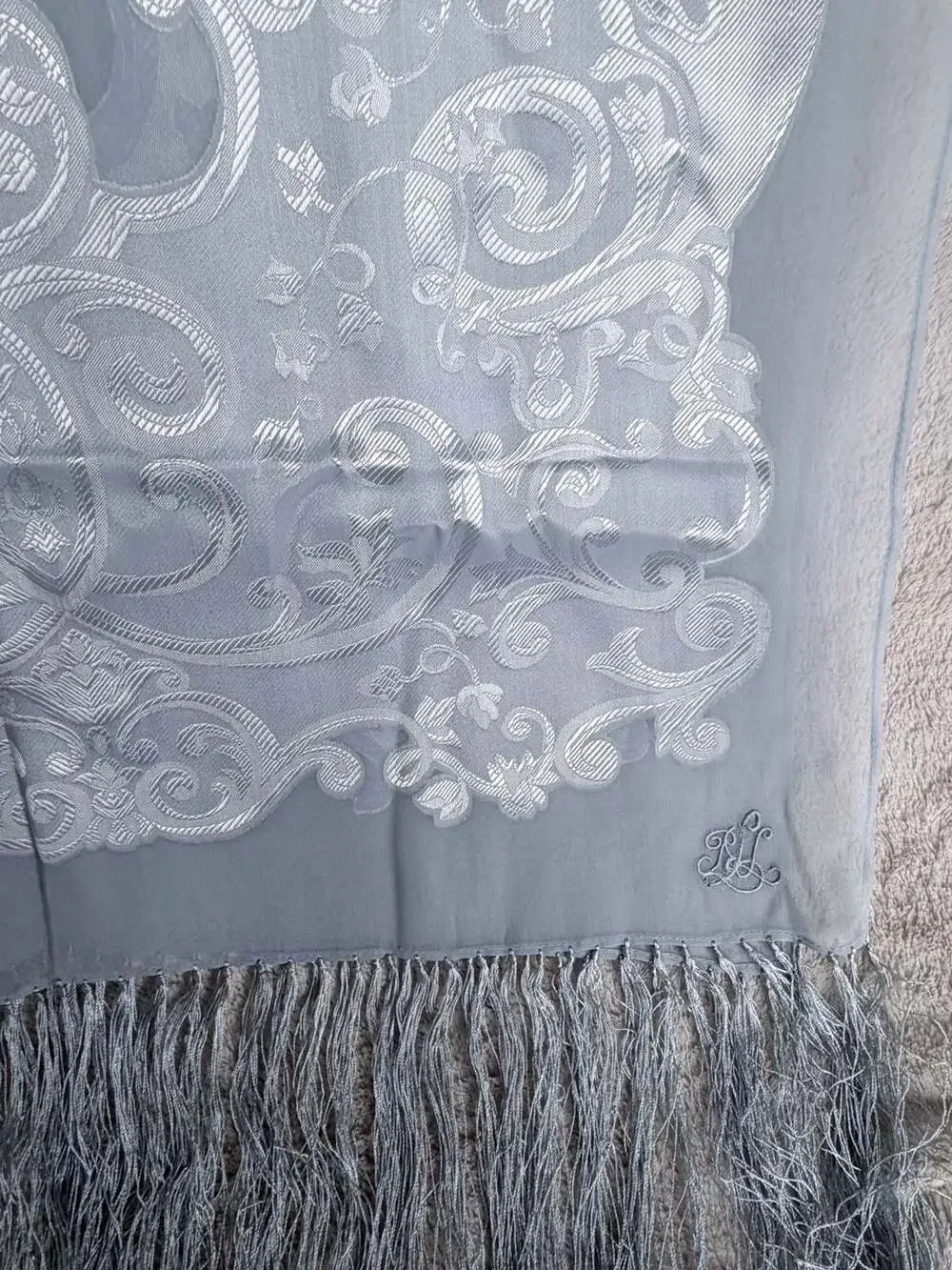 Lauren Ralph Lauren 100% Silk Embroidered Tassel Shawl